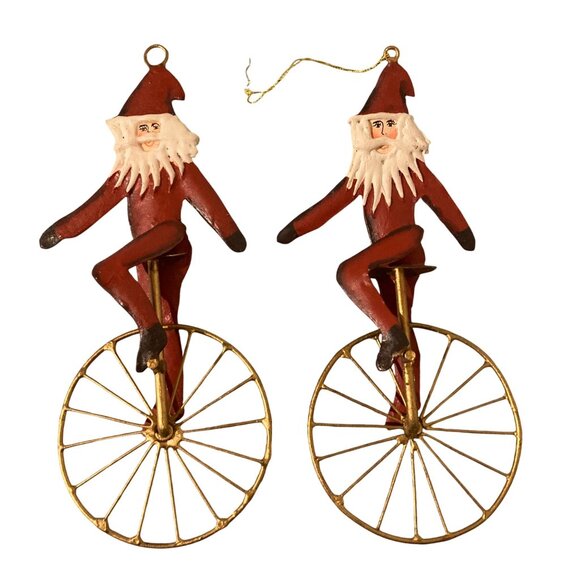 1992 Charlene Smith Signed Metal Ornament of Santa on a Unicycle Set Of 2 - Picture 1 of 4